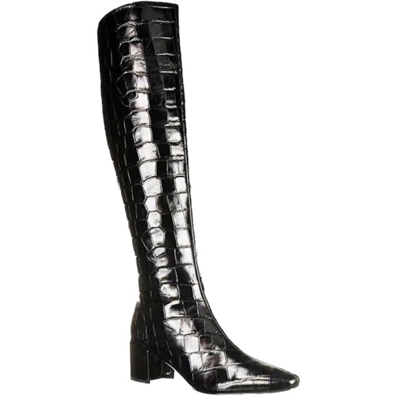 Sigerson Morrison Knee-High Boots Croc-Embossed Black Leather